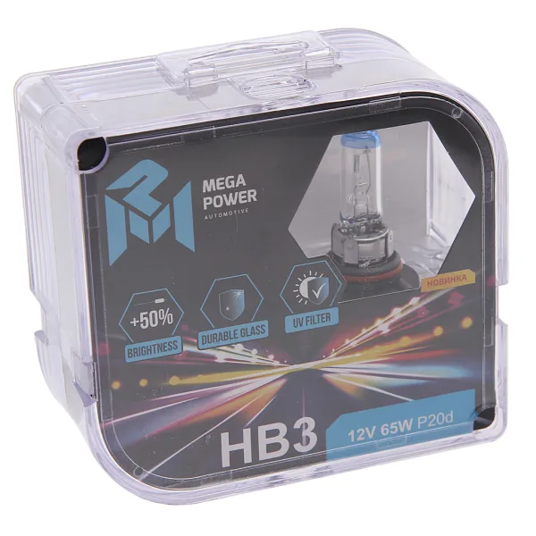 Лампа 12V HB3 65W +50% MEGAPOWER 370-33-038 комплект 2 шт цоколь P20d