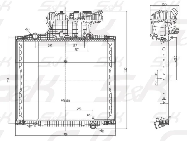 S&K GMBH радиатор охлаждения двигателя MAN 938 × 765 × 42 мм с бачком и рамкой
